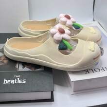 New Closed-Toe Mule Slippers For Women, Summer Floral Flower Print Non-Slip Breathable Sandals - Khaki - View 5