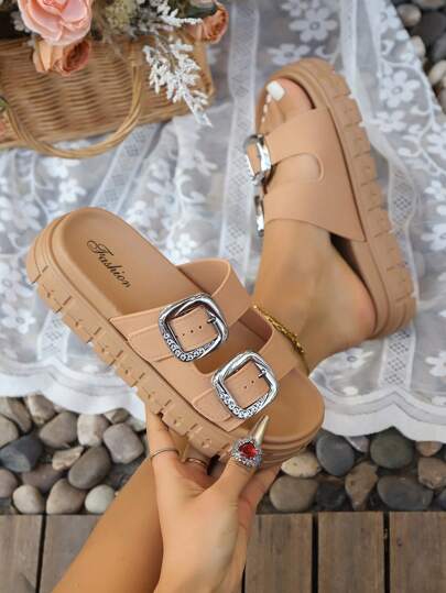 Damen Lässig Sandalen mit doppelter Schnalle, einfarbig, flach, für drinnen und Outdoor, bequem