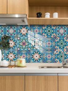 Floral Bohemian Tile Stickers 10Pcs 20x20cm Glossy Crystal Film Waterproof Oil Resistant Removable No Residue Easy Clean Easy Install PVC Peel And Stick Renter Friendly Kitchen Backsplash Accent Wall Cabinet Cover Vintage Botanical DIY Home Decor - Multicolor - View 8