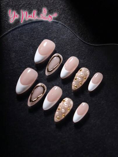 Elevate Your Style With 10pcs Almond Shape Elegant Classic French Tip White Nails Nature Nordic Full Coverage Press On Nail Set Handmade European Style White Dusty Pink Rhinestone Minimalist Full Cover Acrylic Fake Nail Kit For Women And Girls Daily 1pc Mini Nail File & 1 Sheet Adhesive Tabs