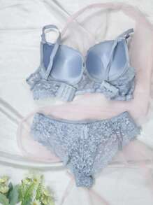 Sexy Lace Lingerie Set, Including Bra And Panties, With A Cute Design - Blue - View 2