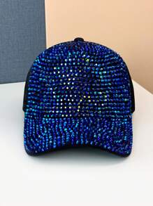 1pc Full Crystal Embellished Baseball Cap, Fashionable Rhinestone Street Hip Hop Snapback Hat - Multicolor - View 6