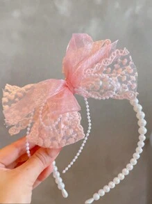 1pc Kids' Fashion Elegant Lace Pearl Bowknot Pearl Headband - Baby Pink - View 4