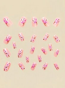 Medium Length Square Nail Stickers, New Year Design, Floral Pattern In Yellow, Multi-Color, 24pcs/Box, Detachable & Reusable, Press-On Nail Art Stickers Press On Nails