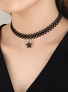 1 件时尚镂空蕾丝天鹅绒项链，星星、心形和波浪领，适合女士，性感哥特式网眼颈链 - 黑色 - 查看 1