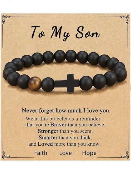 suteyi Hope, Faith, And Love! Stylish Cross Decor Black Beaded Bracelet For Son, Birthday, Christmas Gift