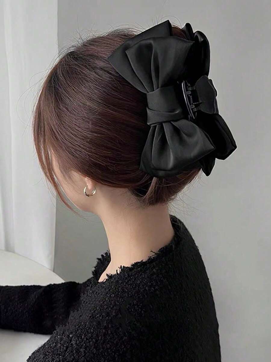 1件裝女款優雅絲綢蝴蝶結髮夾，甜美百搭，適合日常與派對穿著，黑色髮飾，秋冬節日穿搭必備