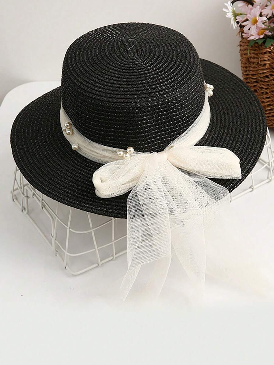 New Lace Pearl Mesh Bow Decor Straw Hat, Sweet Wide Brim Sun Hat For Summer Vacations, UV Protection, Fashionable & Versatile Casual Boho Vintage Streetwear, Polyester, Bow Accent, Spring/Summer