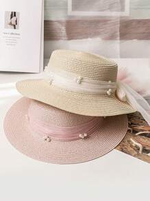 New Lace Pearl Mesh Bow Decor Straw Hat, Sweet Wide Brim Sun Hat For Summer Vacations, UV Protection, Fashionable & Versatile Casual Boho Vintage Streetwear, Polyester, Bow Accent, Spring/Summer