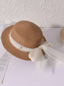 New Lace Pearl Mesh Bow Decor Straw Hat, Sweet Wide Brim Sun Hat For Summer Vacations, UV Protection, Fashionable & Versatile Casual Boho Vintage Streetwear, Polyester, Bow Accent, Spring/Summer