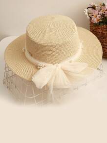 New Lace Pearl Mesh Bow Decor Straw Hat, Sweet Wide Brim Sun Hat For Summer Vacations, UV Protection, Fashionable & Versatile Casual Boho Vintage Streetwear, Polyester, Bow Accent, Spring/Summer