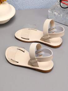 新款春夏女童连体拖鞋，时尚休闲风格，外穿，罗马风格休闲鞋，宽松拖鞋，舒适，米色和黑色平底图案拖鞋。 - 米色 - 查看 4