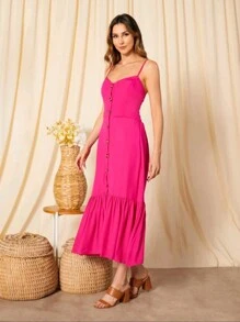 Long Dress In Viscose, Plain, Straps, Buttons On The Front, Cups And Lining. Elastex On The Back - Hot Pink - View 2