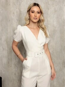 Plain Linen Jumpsuit With V-Neckline And Free Belt - White - View 2