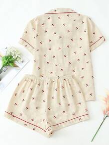 Conjunto de 2 piezas de pijama de mujer con estampado lindo de cerezas, blusa de manga corta con solapa y botón y shorts con lazo, ropa de dormir y de estar en casa casual para verano