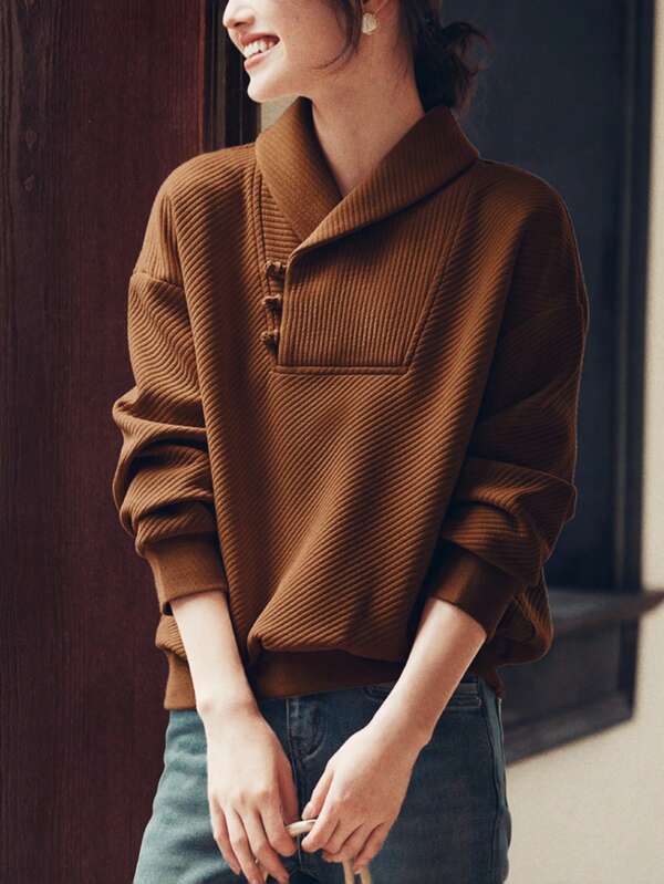 YUXIN Elegant Chinese Style Notched Collar Sweatshirt, Original Design Textured Button Casual Top For Women, New Spring/Winter Fashion