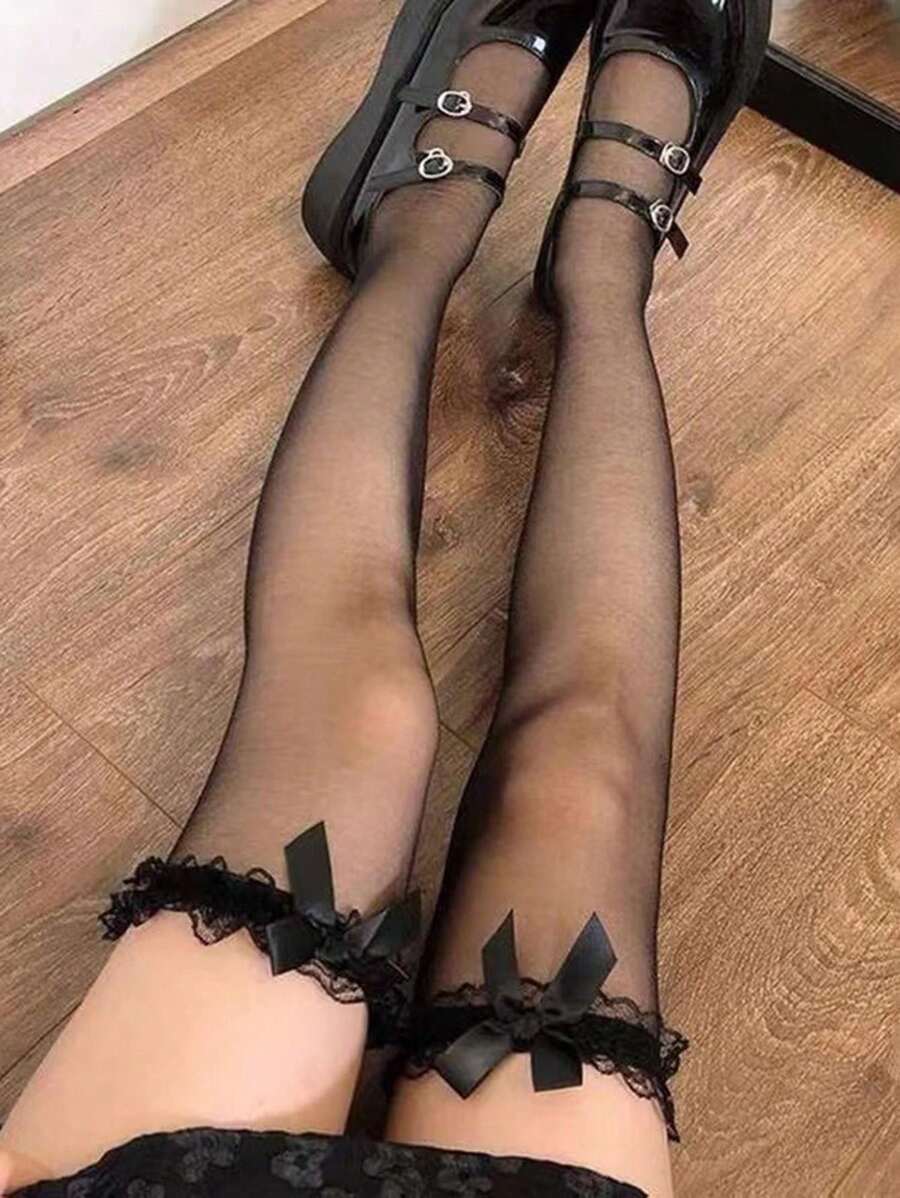 1pc Spring/Summer Extra Sheer Ruffle Bow Over-The-Knee Sexy Thigh High Stockings - White - View 1