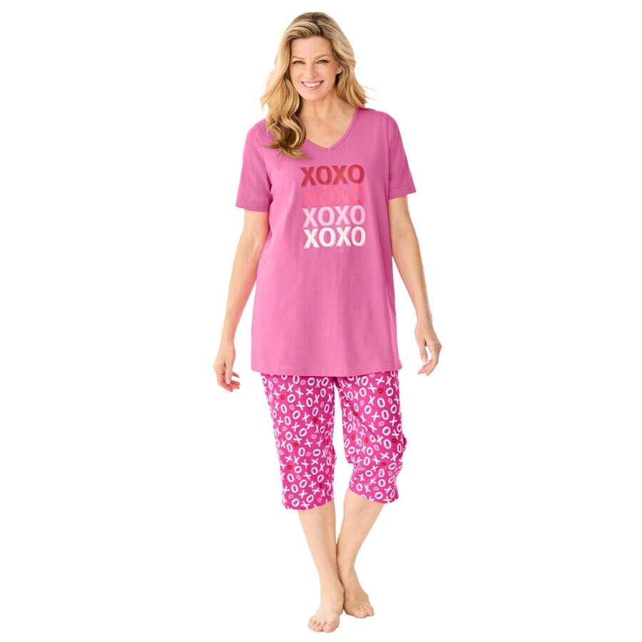 Dreams & Co. Women's Plus Size 2-Piece Capri PJ Set - Hoa mẫu đơn XOXO - Xem 1