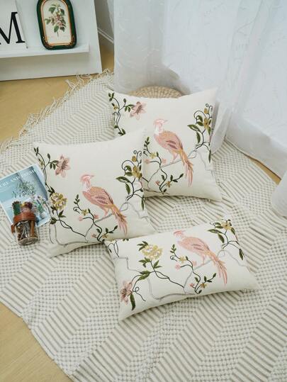 1pc, Canvas Flower Bird Embroidery Throw Pillow Cover Without Pillow Insert, Machine Washable, Zip Closure - Perfect For Home Decor Gifts Birthday Graduation School Decor School Surprise Dormitory Decor Back To School Room Decor School Supplies