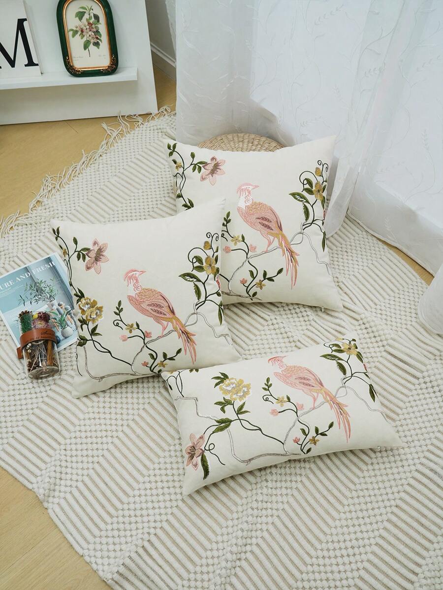 1pc, Canvas Flower Bird Embroidery Throw Pillow Cover Without Pillow Insert, Machine Washable, Zip Closure - Perfect For Home Decor Gifts Birthday Graduation School Decor School Surprise Dormitory Decor Back To School Room Decor School Supplies