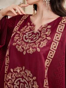 QIANZHIDU 长袖端庄花卉刺绣提花阿拉伯风格连衣裙 - 酒紅色 - 查看 3
