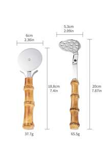 1pc Natural Bamboo Handle Pizza Cutter/Potato Masher, Manual Stainless Steel Pizza Tool