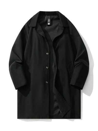 Plus Size Black Mid-Length Trench Coat/Cloak Jacket Outwear, Suitable For Spring And Summer