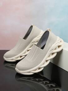 Sneaker con calzino da donna, senza lacci, con suola spessa, comoda, casual, sportiva e traspirante - Beige - Visualizzare 5