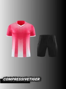 2 Stücke personalisiertes Fußball Trikot für Jungen - mit individuell bedruckbarem Namen und Nummer, gestreiftes Design, Kurzarm T-Shirt + Shorts, schnelltrocknend, schweißabsorbierend, Sportset als Geschenk
