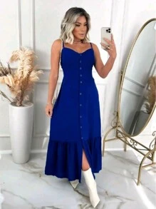 Long Dress In Viscose, Plain, Straps, Buttons On The Front, Cups And Lining. Elastex On The Back - Royal Blue - View 1