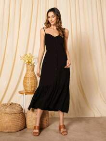 Long Dress In Viscose, Plain, Straps, Buttons On The Front, Cups And Lining. Elastex On The Back - Negro - Ver 2