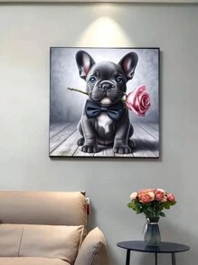 1 件 5D 钻石画套装，圆形马赛克 DIY 法国斗牛犬与玫瑰艺术工艺品，动物主题帆布墙饰，钻石艺术套装用于家居装饰 - 彩色 - 查看 3