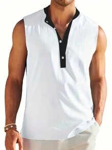 Chemise décontractée sans manches col Henley pour hommes, débardeur de mode d'été de couleur unie pour la plage