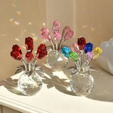 1 Piece Handmade Crystal Red Rose Flower Figurine With Round Vase, Romantic Rose Gifts For Women On Valentine's Day Mother's Day Birthday, Rose Collectible Figurines For Home Party Wedding Decorations Graduation