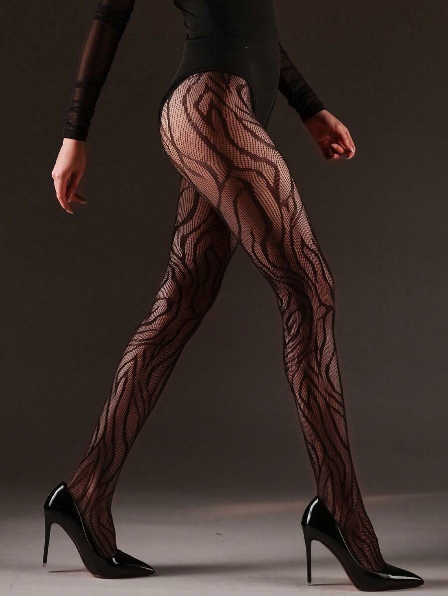 1pc Women High Stretch Tiger Pattern Fishnet Leggings, Black Gothic Bodycon Pantyhose, Fashion Sexy Black Tights, Suitable For Y2K, All Seasons