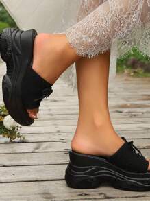 Damskie wielokolorowe włóczkowe retro sznurowane letnie sandały, sportowe klapki na platformie z grubą podeszwą