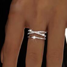 Eleganter Sterling Silber Damen Manschettenring, verstellbares offenes Kreuz-Band mit synthetischem kubischen Zirkonia, Resort-Stil Urlaubsgeschenk, platiniert, perfekt für den täglichen Gebrauch, Feiertage, Valentinstag - passend für alle Jahreszeiten