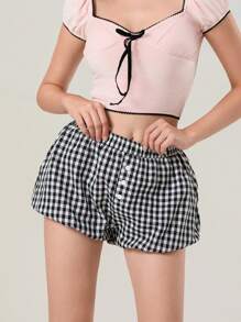 Women Bloomer Shorts, Elastic Waist Plaid Shorts Summer Casual Shorts Streetwear - Black - View 3
