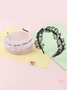 2pcs Girls' Mesh & Pearl Headbands, Minimalist Fashion Casual Daily Wear - Multicolor - View 2