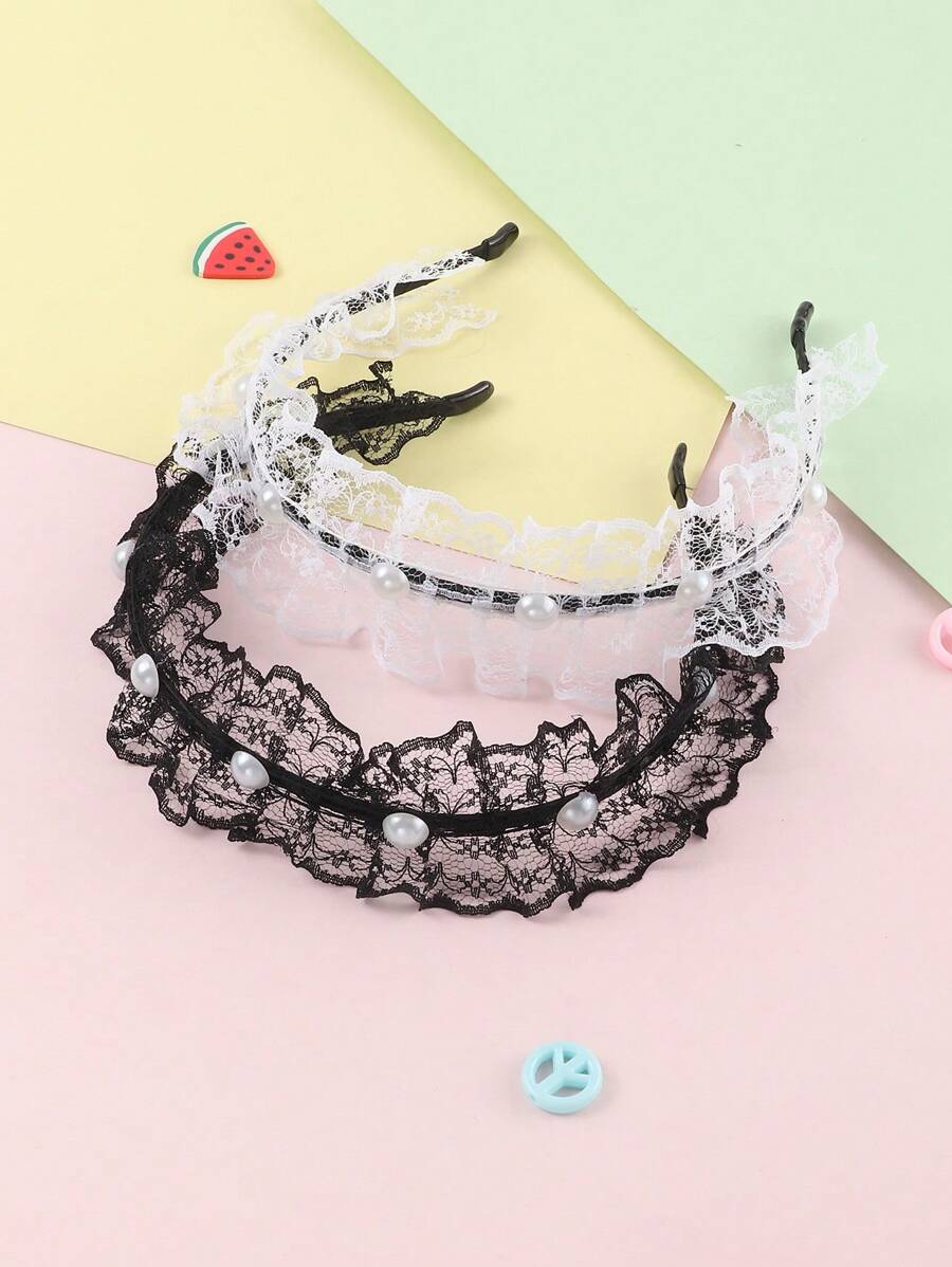 2pcs Girls' Mesh & Pearl Headbands, Minimalist Fashion Casual Daily Wear - Multicolor - View 1