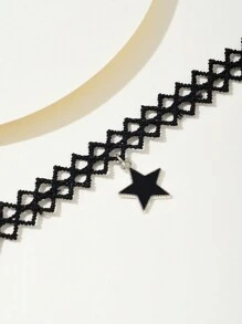 1 件时尚镂空蕾丝天鹅绒项链，星星、心形和波浪领，适合女士，性感哥特式网眼颈链 - 黑色 - 查看 7