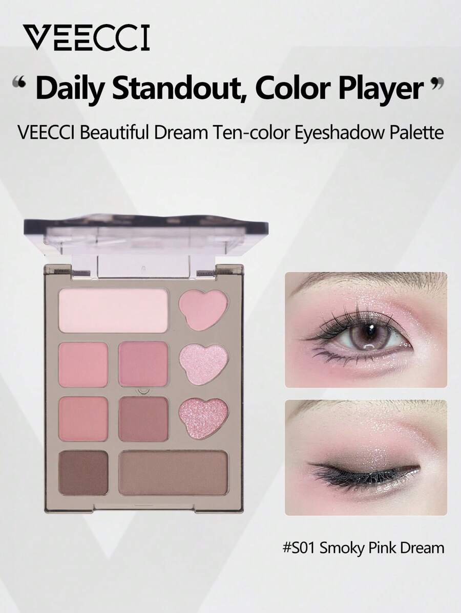 VEECCI Palet Eyeshadow Beautiful Dream Sepuluh Warna Tahan Lama, Tidak Mudah Dihapus, Berkilau Mutiara, Bab Eyeshadow Multi-Warna, Warna Bumi, Terjangkau untuk Pelajar, Ideal untuk Halloween dan Acara Malam Hari - S01 Mimpi Merah Muda Berasap - View 1