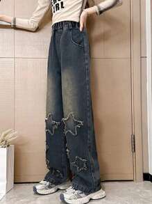 Tween Girls Blue Straight-Leg Casual Long Jeans With Five-Pointed Star Pattern - Navy Blue - View 4