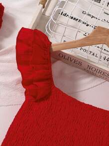 Vestido de línea A con cuello cuadrado, mangas con volantes y tela texturizada para niña preadolescente - Rojo - Ver 4