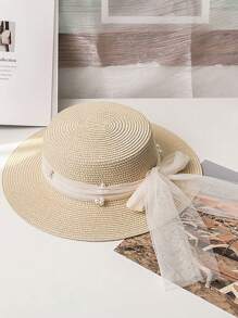 New Lace Pearl Mesh Bow Decor Straw Hat, Sweet Wide Brim Sun Hat For Summer Vacations, UV Protection, Fashionable & Versatile Casual Boho Vintage Streetwear, Polyester, Bow Accent, Spring/Summer