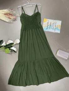 Long Dress In Viscose, Plain, Straps, Buttons On The Front, Cups And Lining. Elastex On The Back - Army Green - View 4