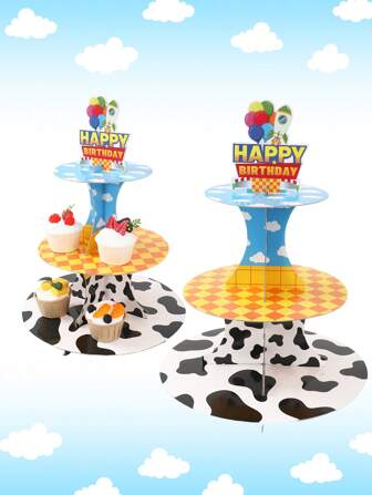 1Set Happy Birthday Theme Cartoon Story Cupcake Stand Decorations, 3 Tier Blue White Clouds Style Birthday Cake Holder Stand, Party Cake Decoration Dessert Stand For 2 Years Old Birthday Party Table Decor Supplies, Kitchen Cake Decorations