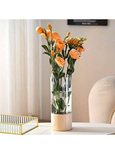 1pc Nordic Acrylic Flower Vase Wooden Base Perfect Home Bloemen Arrangements Back To School Room Supplies Glass view 7