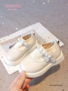 Nuevos zapatos Mary Jane para niñas, diseño con lazo de perla, zapatos planos para niños, uso casual diario, versátil, fácil de poner y quitar con para niños pequeños