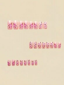 Medium Length Square Nail Stickers, New Year Design, Floral Pattern In Yellow, Multi-Color, 24pcs/Box, Detachable & Reusable, Press-On Nail Art Stickers Press On Nails